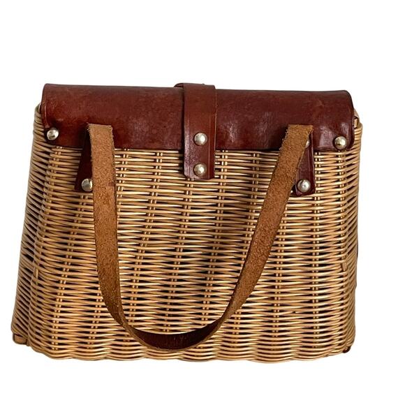 Vintage Wicker & Leather Basket Handbag – Mid Century Artisan Purse - Picture 5 of 9